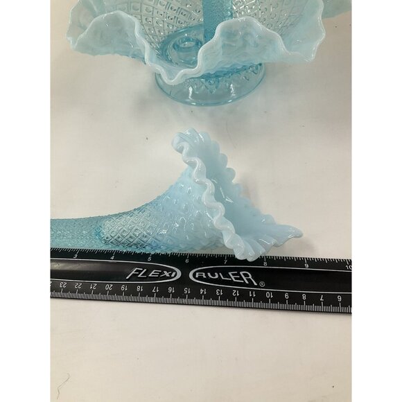 FENTON Glass 10" Flower EPERGNE Sea Blue Opalescent Hobnail Diamond Lace, MINT!! - Picture 8 of 16